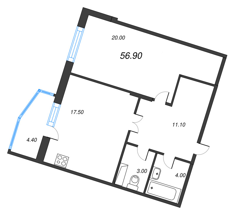 1-комнатная квартира, 56.9 м² - планировка, фото №1