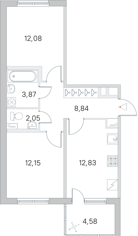 2-комнатная квартира, 51.82 м² - планировка, фото №1