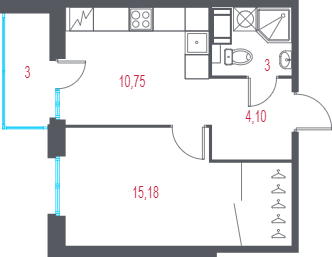 1-комнатная квартира, 34.53 м² в ЖК "Город-спутник Южный" - планировка, фото №1