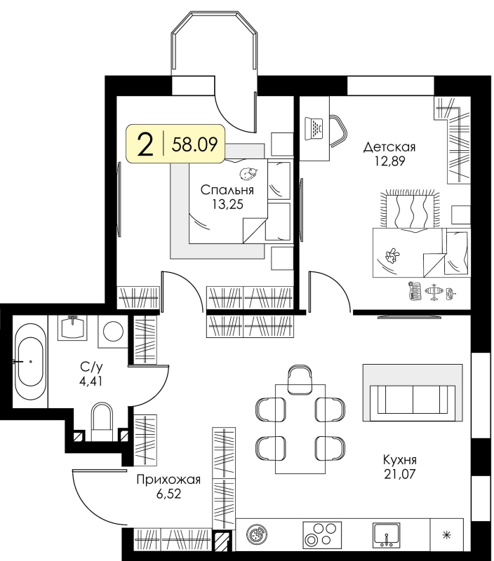 3-комнатная (Евро) квартира, 58.09 м² в ЖК "Всевгород" - планировка, фото №1