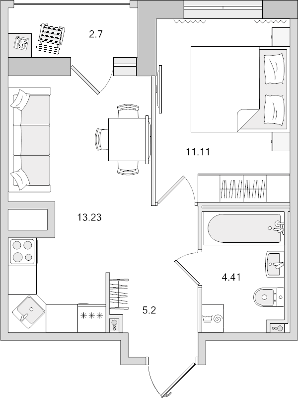 2-комнатная (Евро) квартира, 36.65 м² в ЖК "Город Первых" - планировка, фото №1