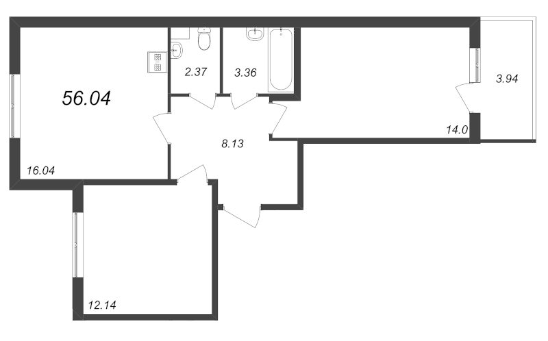 3-комнатная (Евро) квартира, 56.04 м² - планировка, фото №1