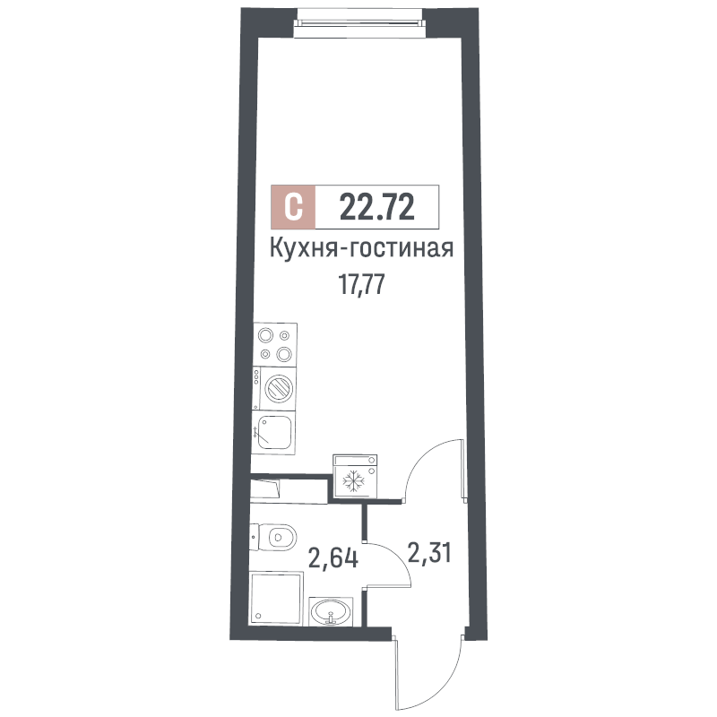 Квартира-студия, 22.72 м² в ЖК "Авиатор" - планировка, фото №1