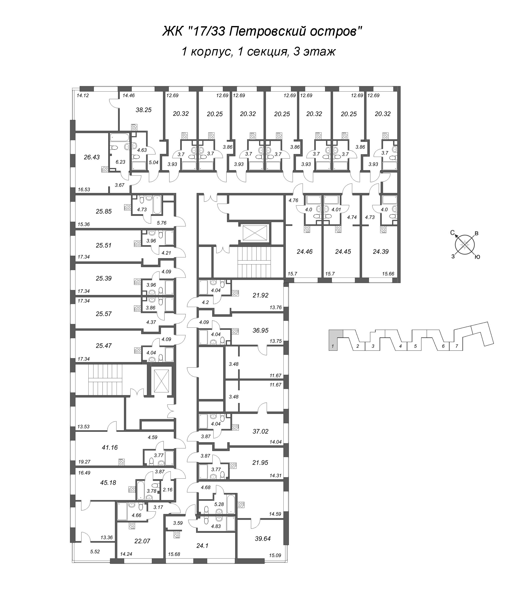 1-комнатная квартира, 39.64 м² в ЖК "17/33 Петровский остров" - планировка этажа