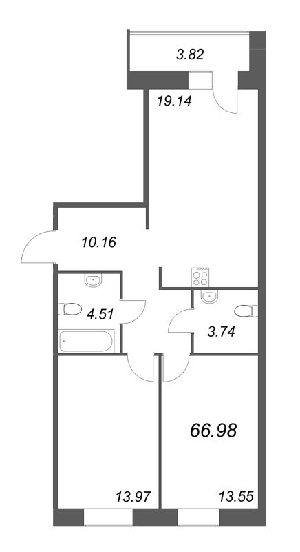 3-комнатная (Евро) квартира, 66.98 м² - планировка, фото №1