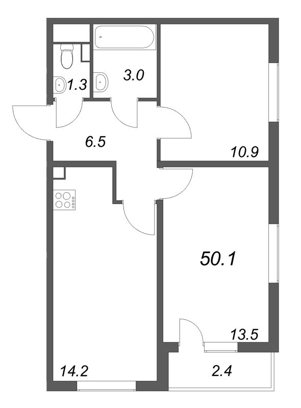 2-комнатная квартира, 50.9 м² в ЖК "ЛСР. Ржевский парк" - планировка, фото №1