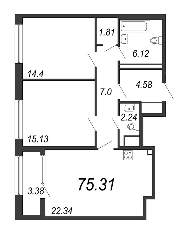 3-комнатная (Евро) квартира, 75.31 м² - планировка, фото №1