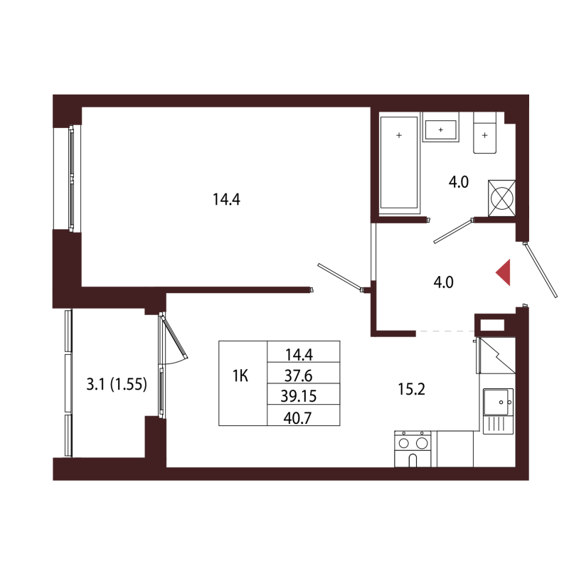2-комнатная (Евро) квартира, 39.15 м² в ЖК "Лисино" - планировка, фото №1
