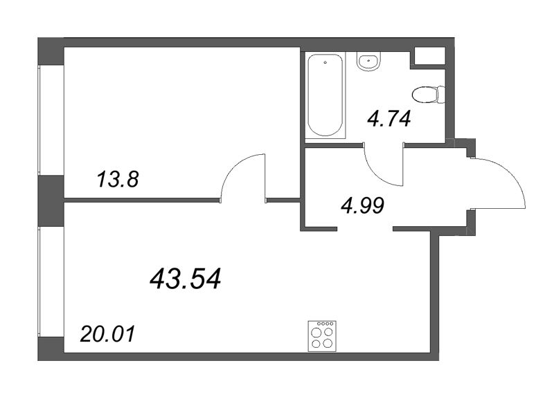 2-комнатная (Евро) квартира, 43.54 м² - планировка, фото №1