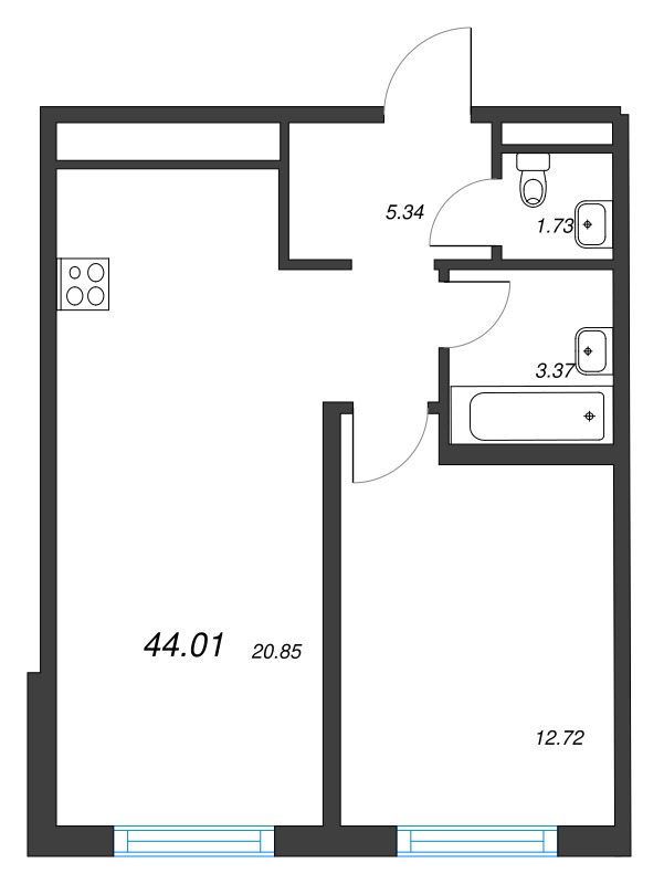 2-комнатная (Евро) квартира, 44.01 м² в ЖК "Legenda Васильевского" - планировка, фото №1