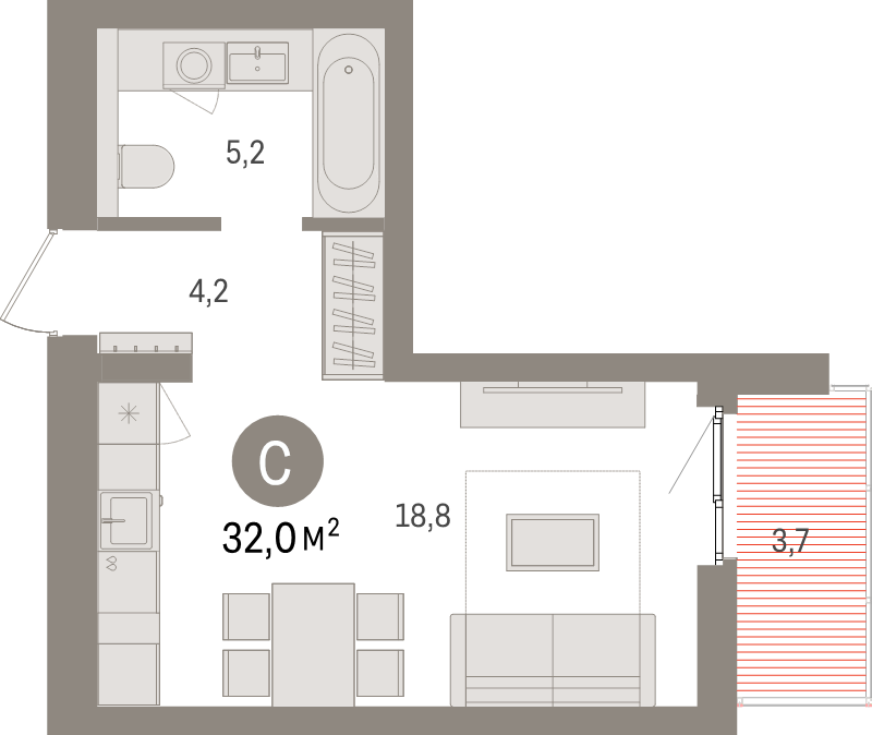 Квартира-студия, 32 м² в ЖК "Брусника в Новоселье" - планировка, фото №1