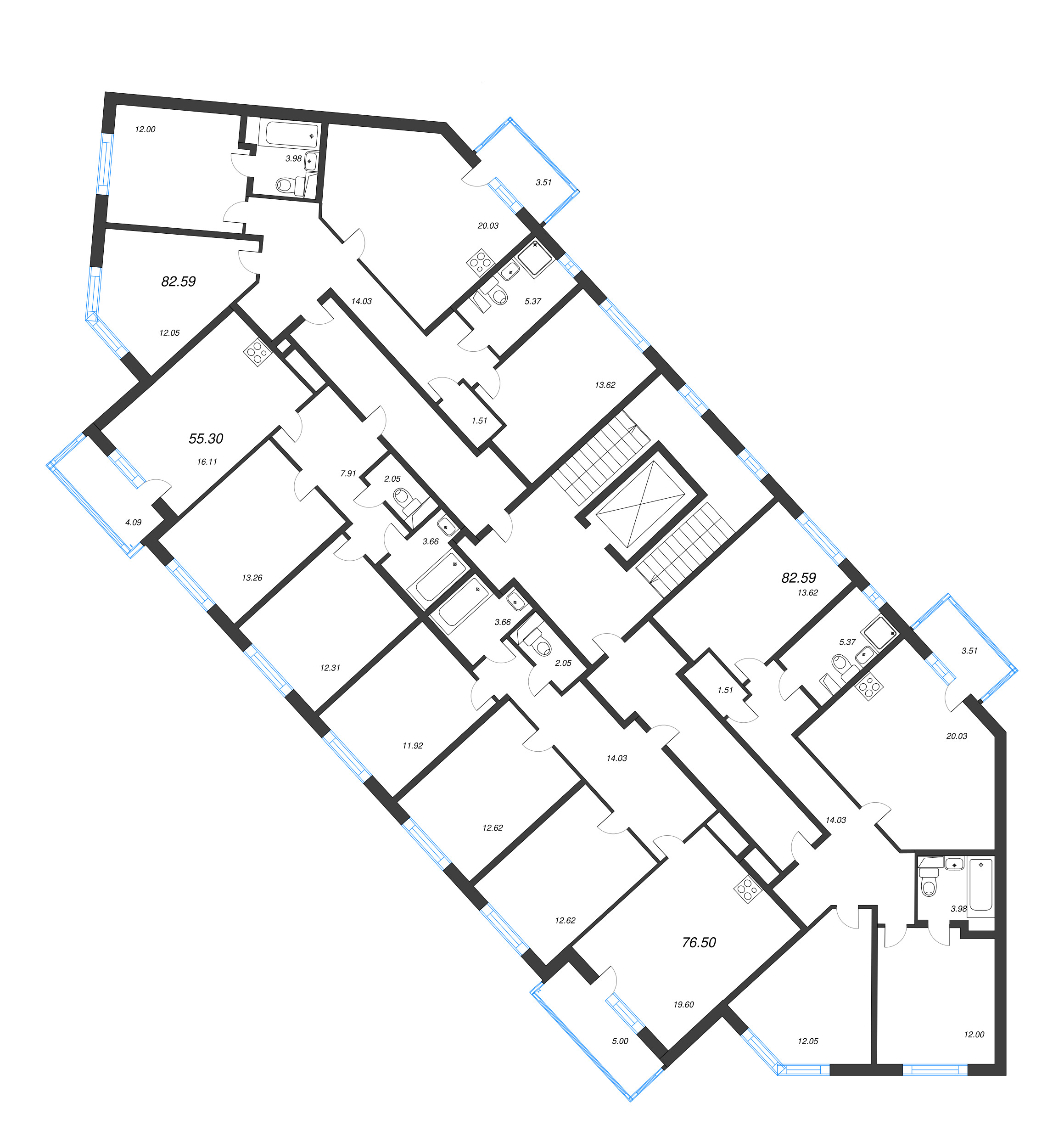 3-комнатная (Евро) квартира, 55.3 м² в ЖК "ЮгТаун" - планировка этажа