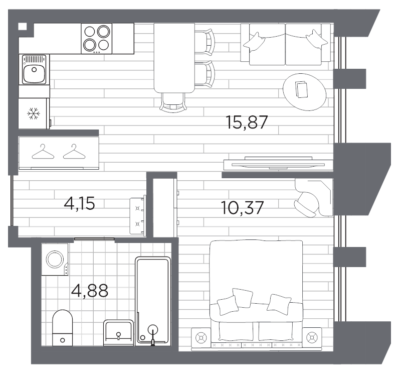 2-комнатная (Евро) квартира, 35.27 м² в ЖК "Галерная гавань" - планировка, фото №1