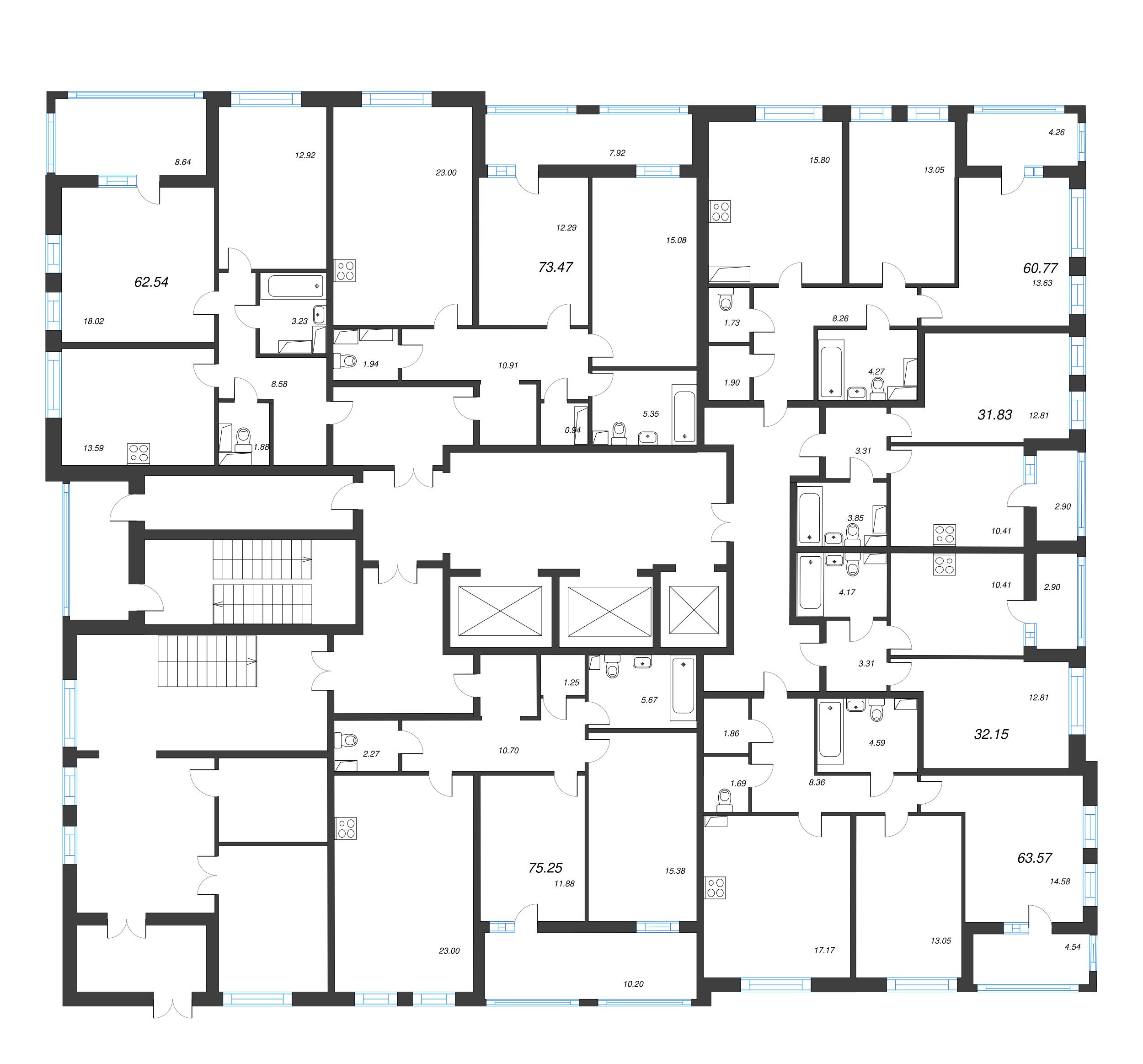 3-комнатная (Евро) квартира, 63.57 м² - планировка этажа