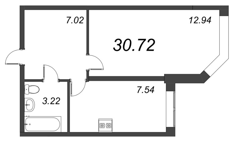 1-комнатная квартира, 30.72 м² - планировка, фото №1