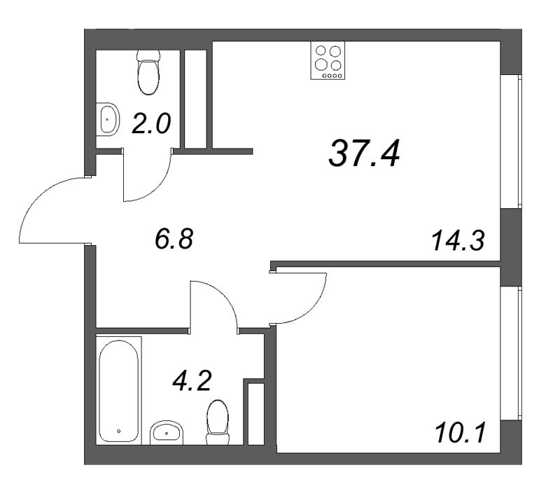 1-комнатная квартира, 37.4 м² в ЖК "Гений" - планировка, фото №1