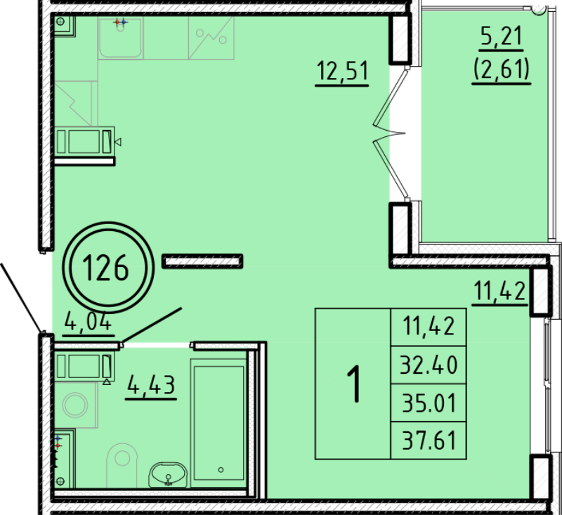 1-комнатная квартира, 32.4 м² - планировка, фото №1