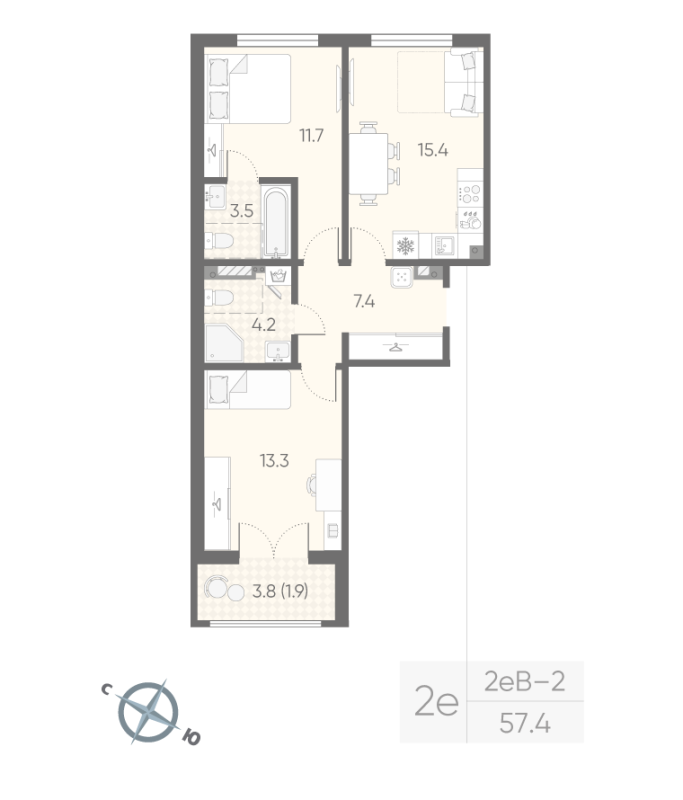 3-комнатная (Евро) квартира, 57.4 м² в ЖК "Пулково Lake" - планировка, фото №1