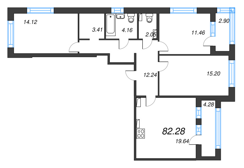 4-комнатная (Евро) квартира, 82.28 м² в ЖК "Б15" - планировка, фото №1