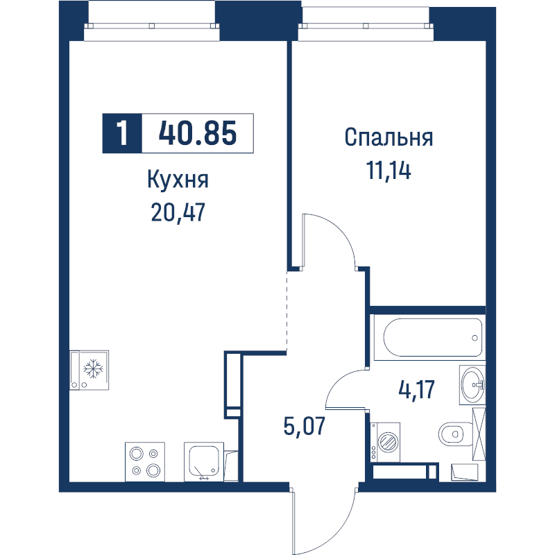 2-комнатная (Евро) квартира, 40.85 м² в ЖК "Символист" - планировка, фото №1