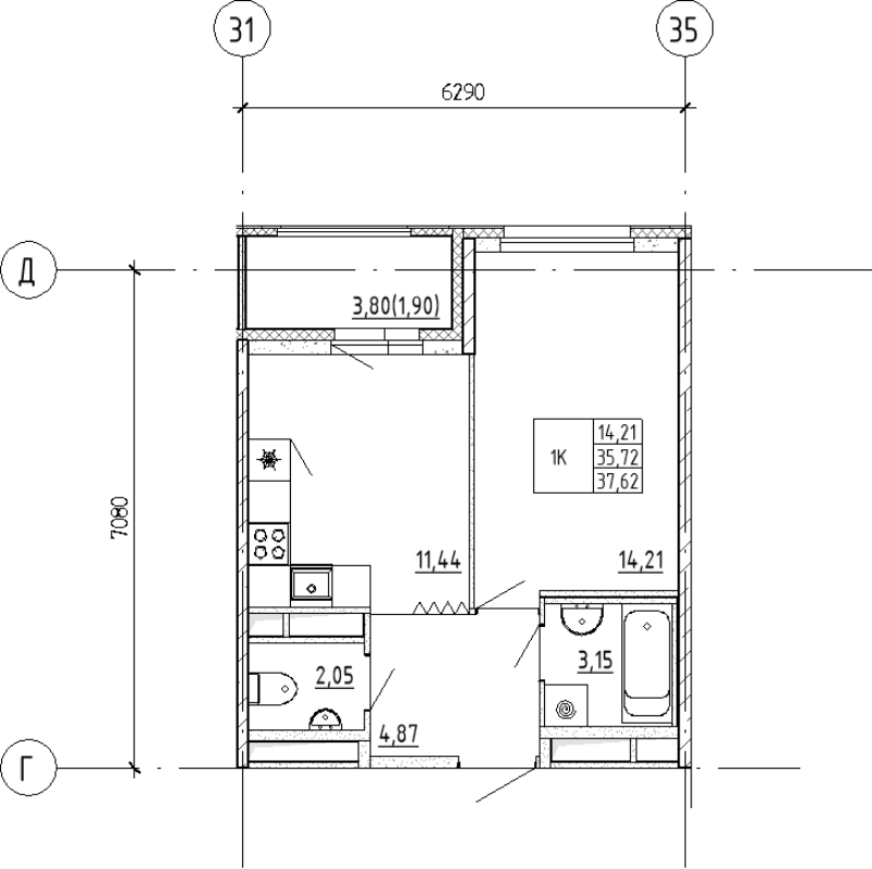 1-комнатная квартира, 37.62 м² - планировка, фото №1