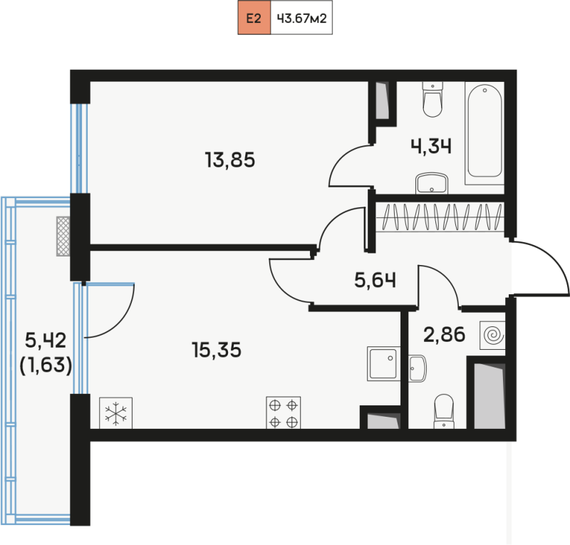 2-комнатная (Евро) квартира, 44.17 м² - планировка, фото №1