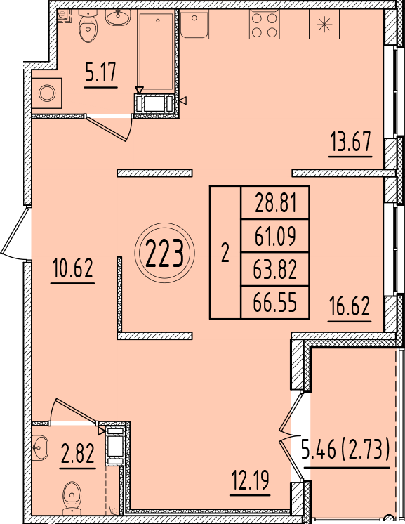 2-комнатная квартира, 61.09 м² - планировка, фото №1