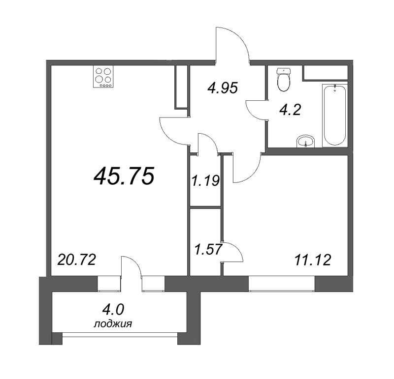 2-комнатная (Евро) квартира, 45.75 м² - планировка, фото №1