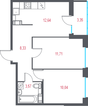 2-комнатная квартира, 47.97 м² - планировка, фото №1