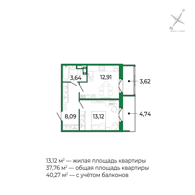 1-комнатная квартира, 37.8 м² в ЖК "Сертолово Парк" - планировка, фото №1