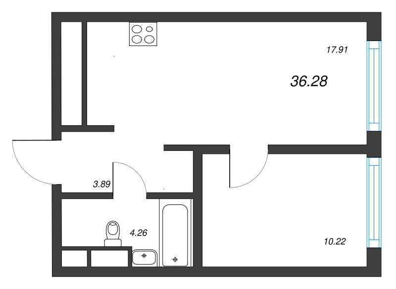 2-комнатная (Евро) квартира, 36.28 м² - планировка, фото №1