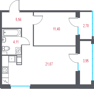 2-комнатная (Евро) квартира, 44.14 м² в ЖК "Город-спутник Южный" - планировка, фото №1