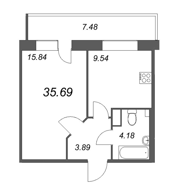 1-комнатная квартира, 35.69 м² в ЖК "СМАРТ" - планировка, фото №1