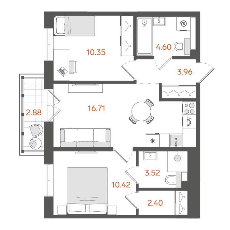 3-комнатная (Евро) квартира, 52.8 м² в ЖК "STAVNI Обводный" - планировка, фото №1