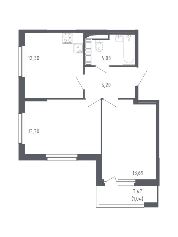 2-комнатная квартира, 49.56 м² - планировка, фото №1