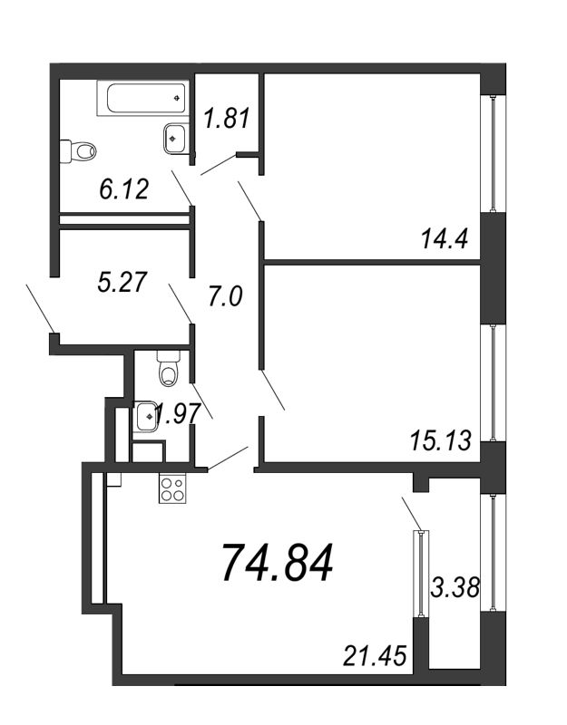 3-комнатная (Евро) квартира, 74.84 м² - планировка, фото №1