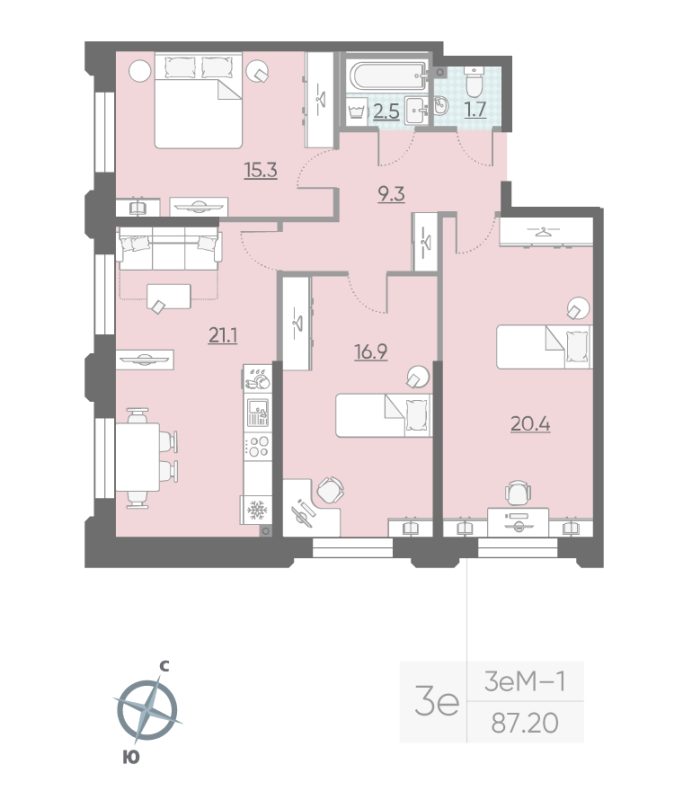 4-комнатная (Евро) квартира, 87.2 м² в ЖК "Цивилизация на Неве" - планировка, фото №1
