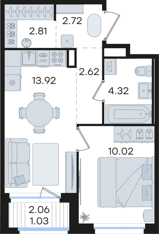 1-комнатная квартира, 37.44 м² в ЖК "Романовка" - планировка, фото №1