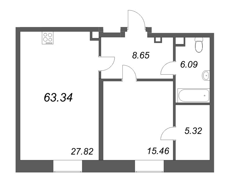 2-комнатная (Евро) квартира, 63.34 м² в ЖК "MONODOM-ART" - планировка, фото №1