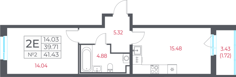 2-комнатная (Евро) квартира, 41.43 м² в ЖК "Город-спутник Южный" - планировка, фото №1