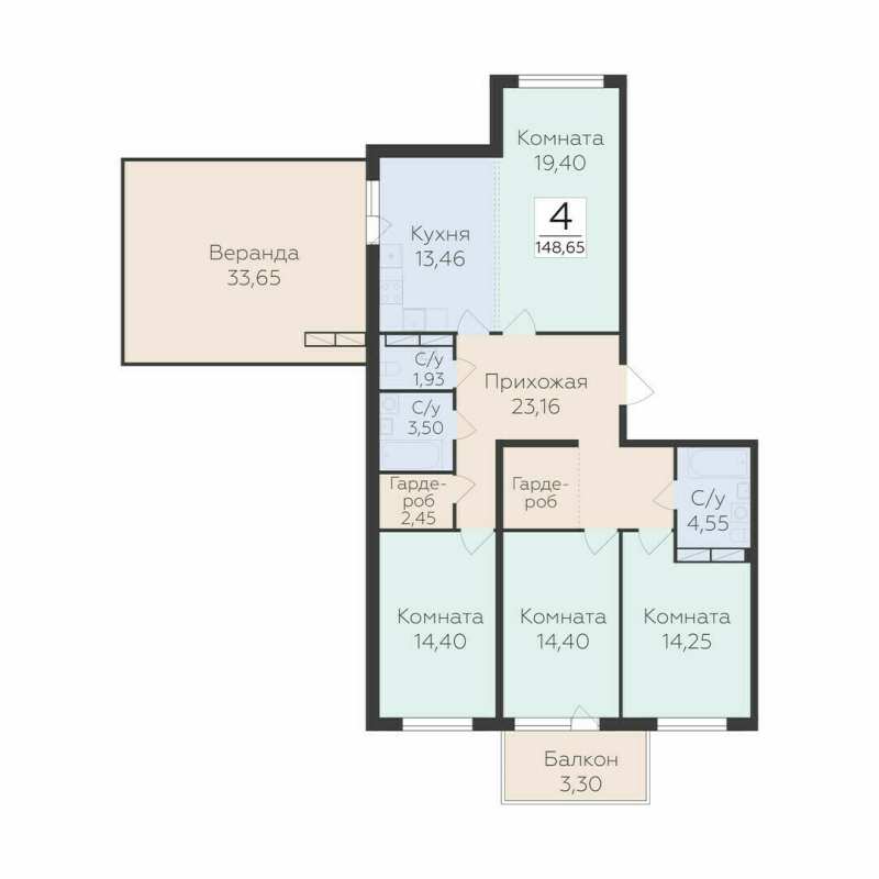 4-комнатная квартира, 148.65 м² в ЖК "Финский квартал" - планировка, фото №1