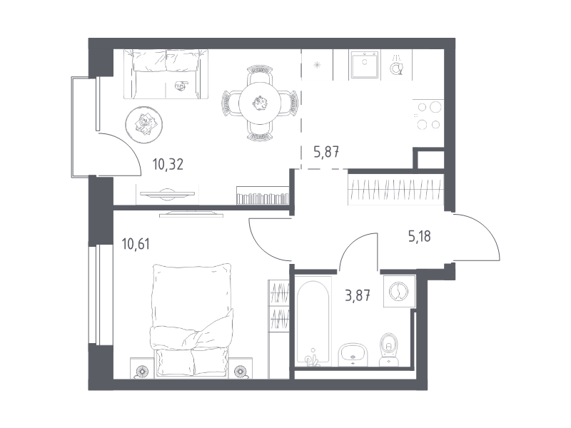 2-комнатная (Евро) квартира, 35.85 м² в ЖК "Живи! В Рыбацком" - планировка, фото №1