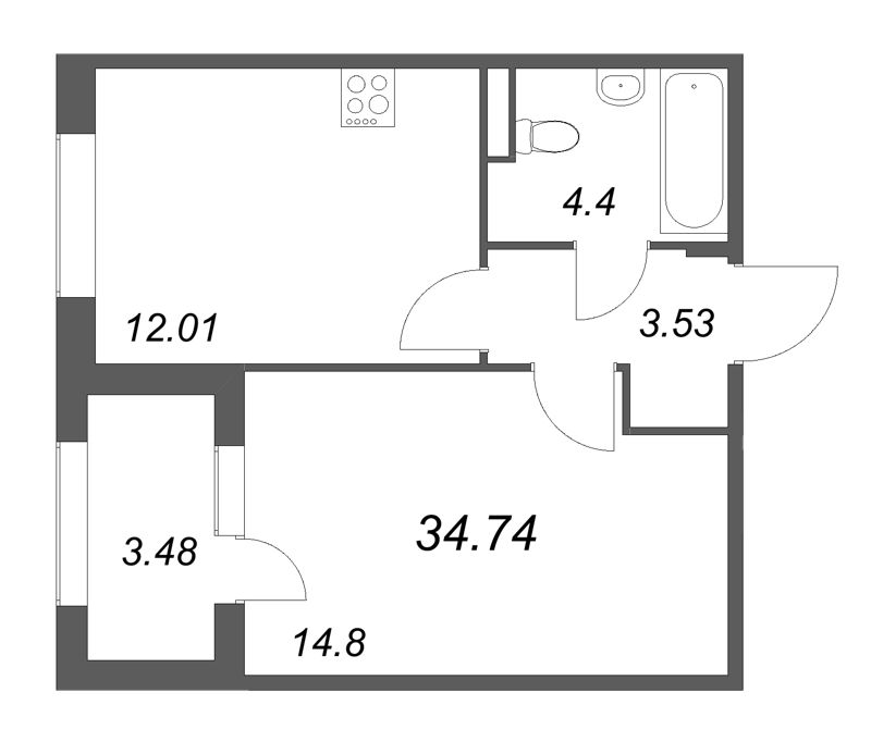 1-комнатная квартира, 34.74 м² в ЖК "Дубровский" - планировка, фото №1