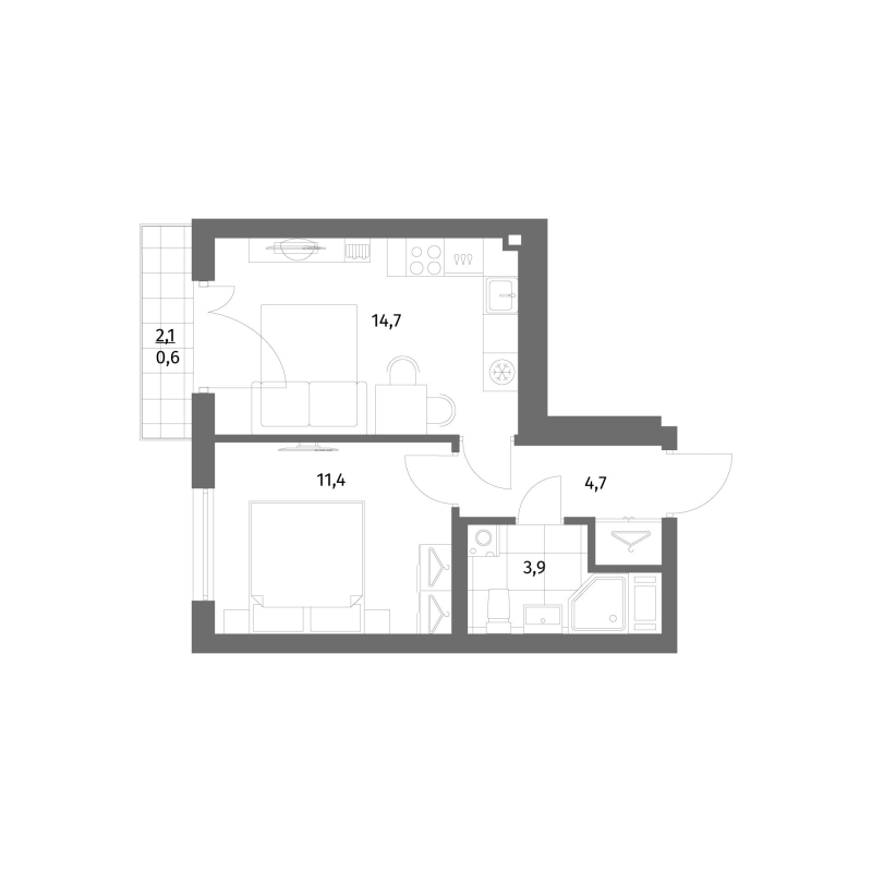 1-комнатная квартира, 35.3 м² в ЖК "Парусная 1" - планировка, фото №1