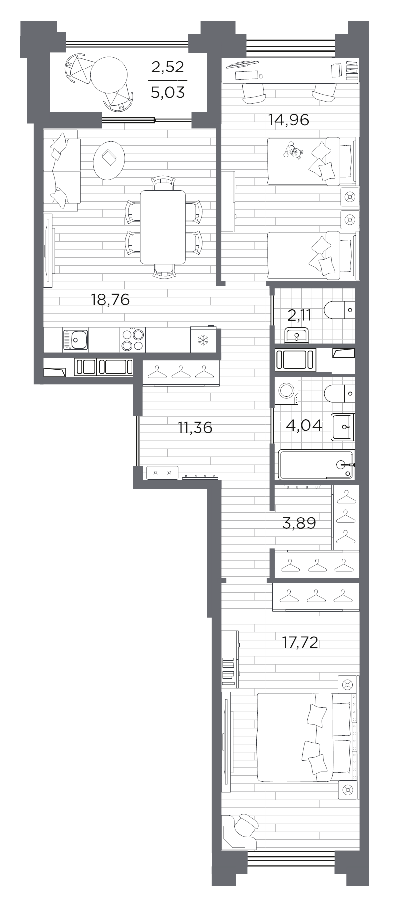 3-комнатная (Евро) квартира, 75.36 м² в ЖК "Ассамблея" - планировка, фото №1