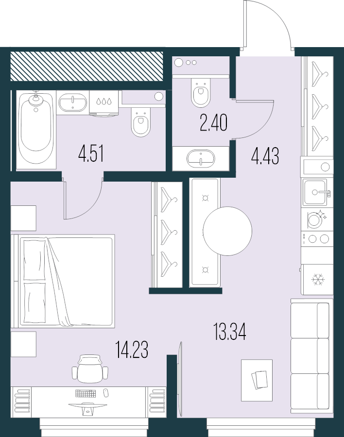 2-комнатная (Евро) квартира, 38.91 м² в ЖК "Новая Земля" - планировка, фото №1