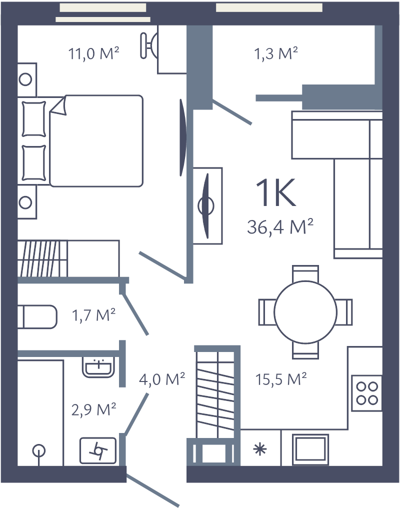 2-комнатная (Евро) квартира, 36.4 м² в ЖК "Лендлер" - планировка, фото №1