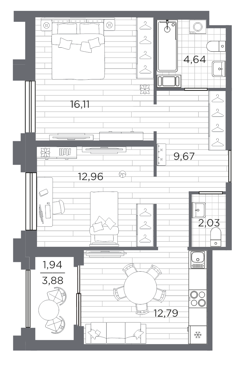 2-комнатная квартира, 60.14 м² в ЖК "Ассамблея" - планировка, фото №1