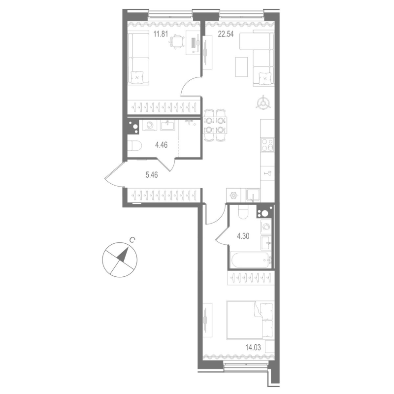 3-комнатная (Евро) квартира, 62.6 м² в ЖК "Остров Первых" - планировка, фото №1