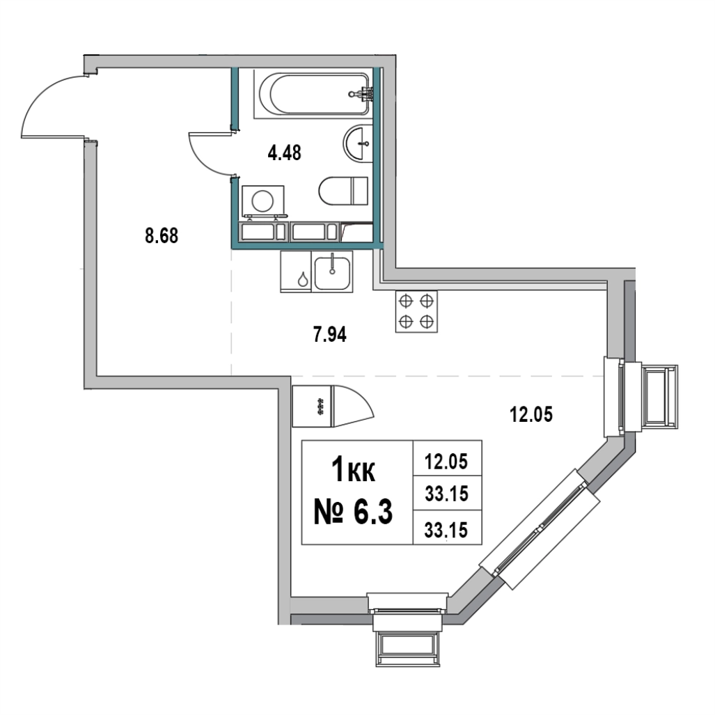 Квартира-студия, 33.15 м² в ЖК "Новый Город" - планировка, фото №1